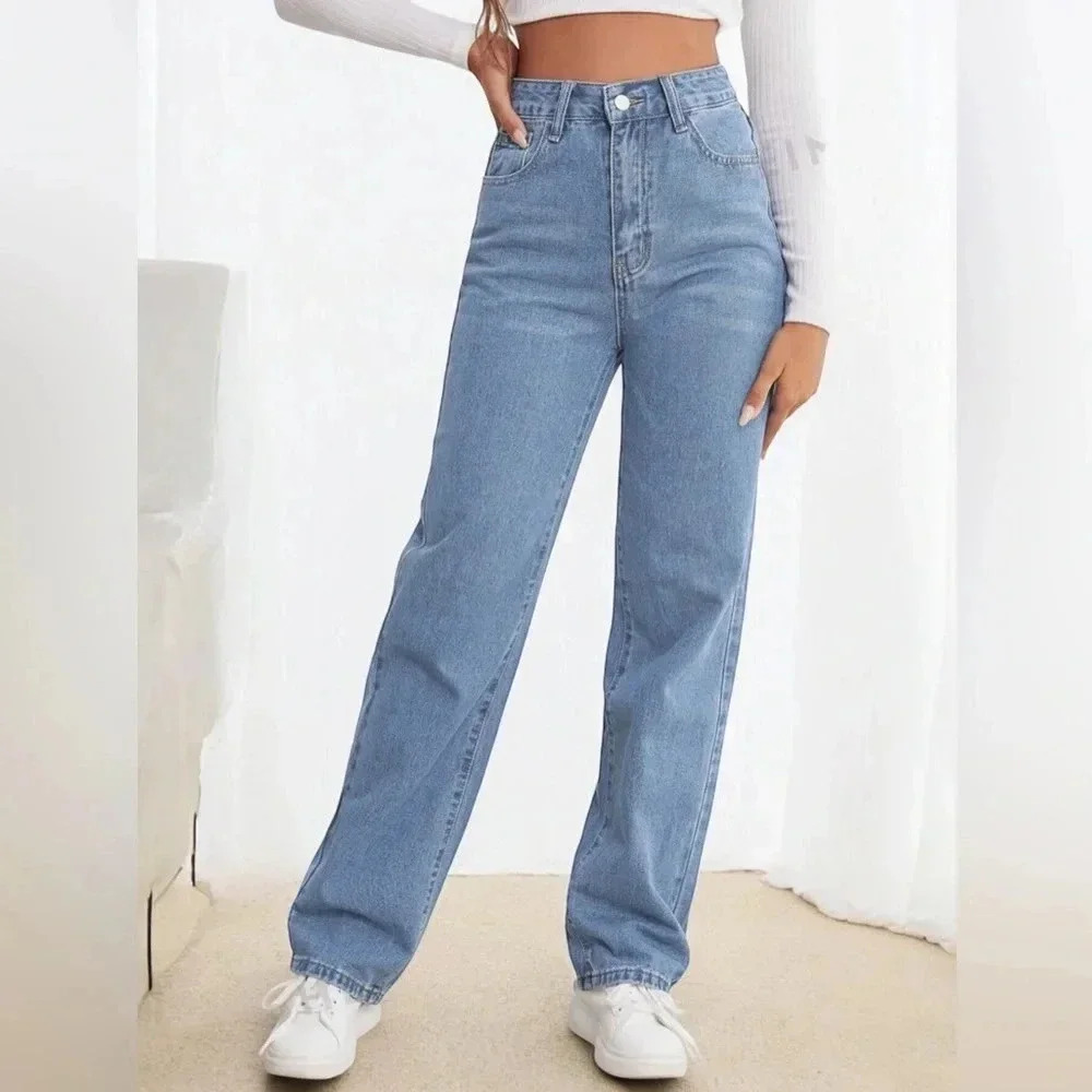 SHEIN Women Sz 2/XS Frenchy High Waist Jeans Relaxed Fit Straight Leg Light Wash